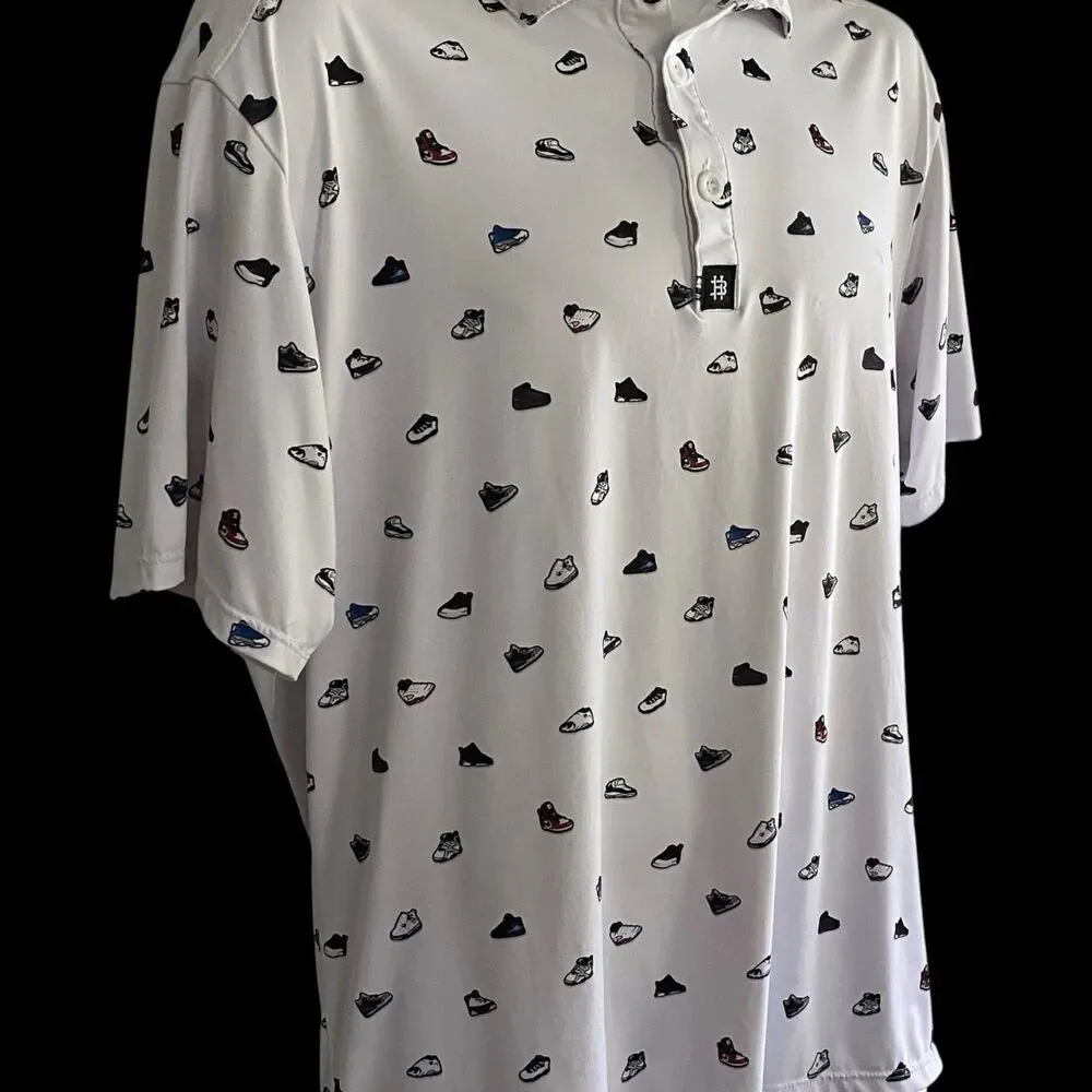 Hazards & Bogeys Polo Shirt Mens Large White Sneaker Print Golf Moisture Wicking